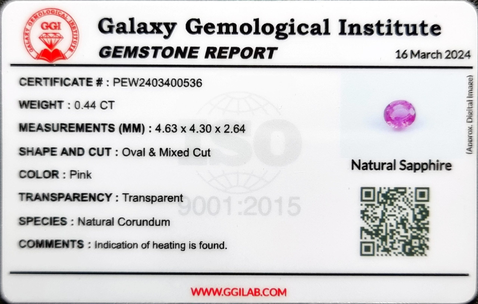 Exquisite Natural Pink Sapphire Gemstone - 0.44 ct - Oval Cut - Certified by Galaxy Gemological Institute